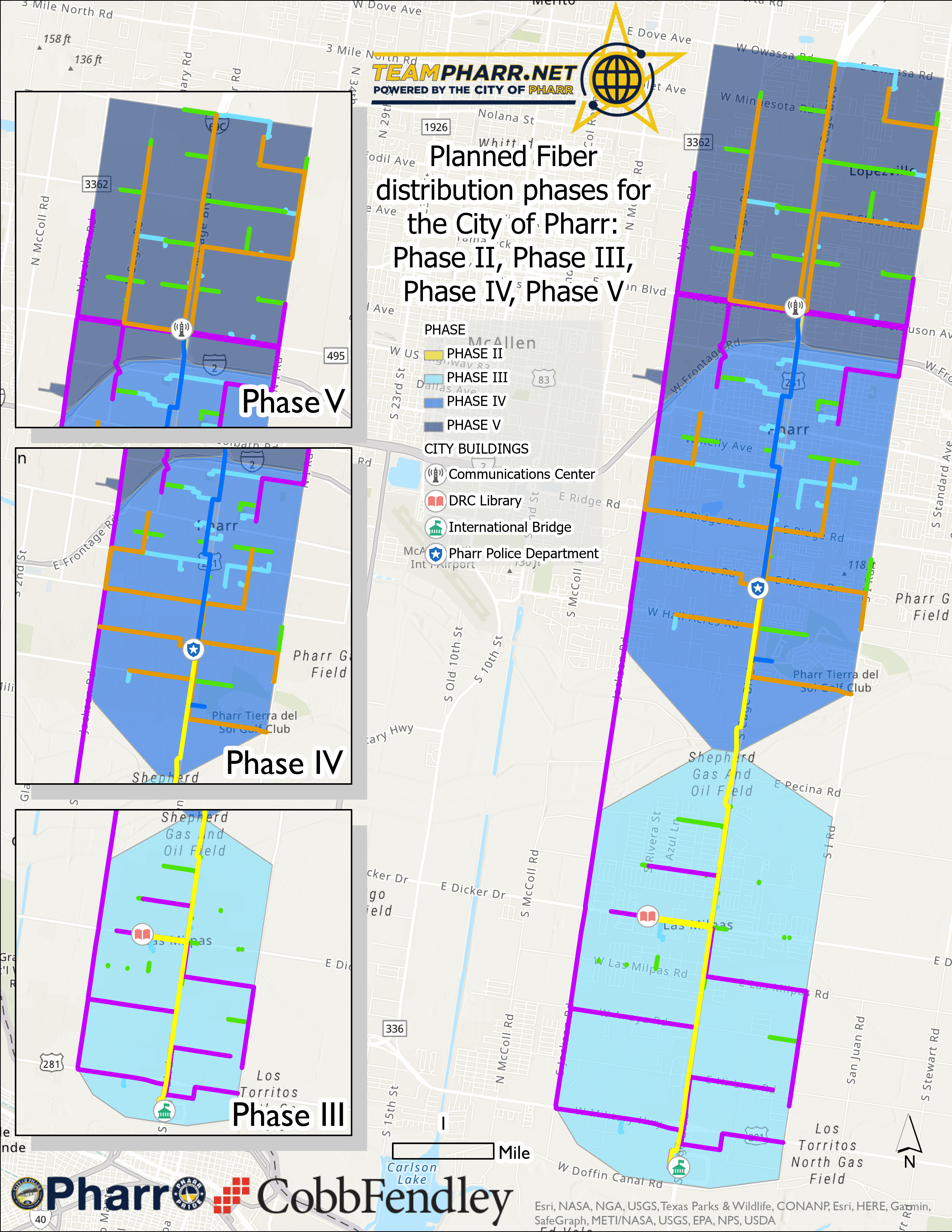 Customer Service - TeamPharr.net - Powered by the City of Pharr -Planned Fiber distribution phases for the city of pharr: Phase 2, Phase 3, Phase 4, Phase 5. Phase - Phase 2, Phase 3, Phase 4, Phase 5, City Buildings - Communications CenterDRC Library - International Bridge -  Pharr Police Department - Pharr - CobbFendley